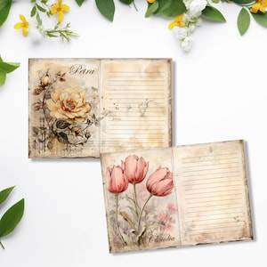 Könnte beinhalten: Zwei Notizbuchseiten im Vintage-Stil mit liniertem Papier. Die linke Seite zeigt eine Aquarell-Illustration einer gelben Rose mit dem Namen "Petra" darüber. Die rechte Seite zeigt eine Aquarell-Illustration von rosa Tulpen mit dem Namen "Claudia" darunter.