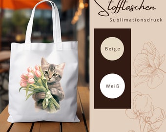 Stofftasche Stoffbeutel " Tulpen Frühling Katze " Einkaufstasche zum Muttertag oder Geburtstag für Mama in Weiß oder Beige