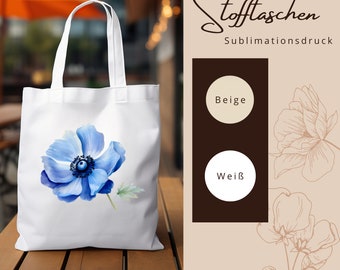 Stofftasche Stoffbeutel " Anemone Blüte Blau " Einkaufstasche Tasche Geschenk zum Muttertag oder Geburtstag in Weiß oder Beige