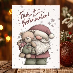 Postkarte Weihnachtsmann mit Teddybär Grußkarte Karte zu Weihnachten Weihnachtskarte Geschenkkarte Leinenstruktur Karte A6 #PWE178