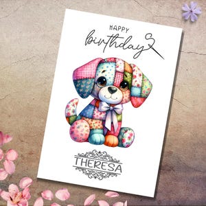 Postkarte personalisiert mit Namen Grußkarte Happy Birthday Karte Geburtstag Geburtstagskarte I Patchwork Hund #PHO