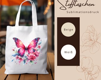 Stofftasche Stoffbeutel " Schmetterling Romantik Fantasy " Einkaufstasche Tasche Geschenk zum Muttertag oder Geburtstag in Weiß oder Beige