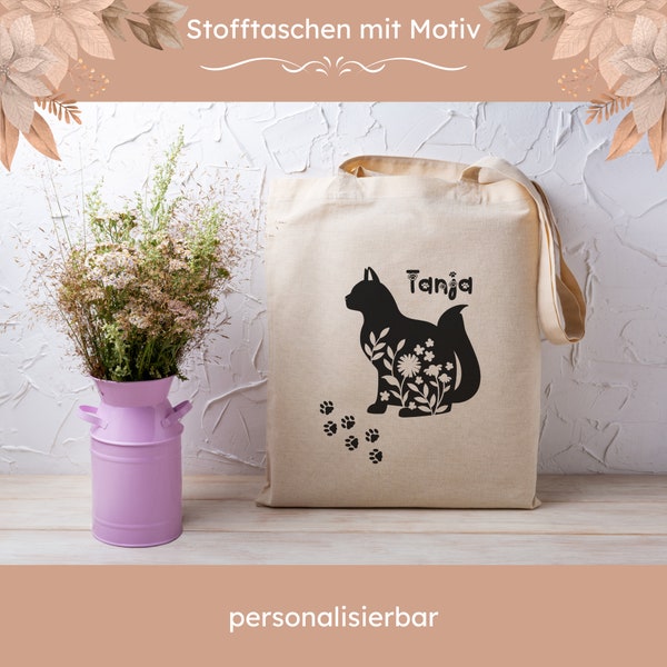 Stofftasche personalisiert, Stoffbeutel, Einkaufstasche, Tasche,  individuelles Geschenk für Katzen Liebhaber in Weiß oder Beige