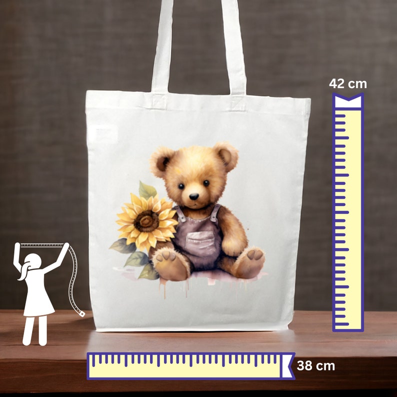 Stofftasche, Stoffbeutel, Teddy, Bär, Sonnenblume, Einkaufstasche, Tasche, Geschenk zum Geburtstag in Weiß oder Beige Bild 3