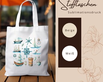 Stofftasche Stoffbeutel " Maritim Meer Urlaub Nordsee Ostsee " Einkaufstasche Geschenk zur Reise oder Geburtstag in Weiß oder Beige