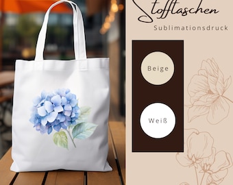 Stofftasche Stoffbeutel " Hortensie Blüte blau " Einkaufstasche Tasche Geschenk zum Muttertag oder Geburtstag in Weiß oder Beige