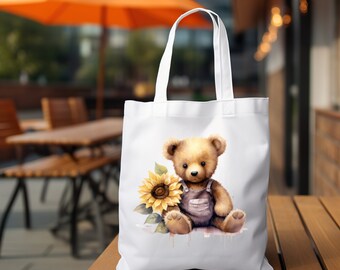 Sac en tissu, sac en tissu, « Teddy, Ours, Tournesol », sac shopping, sac, cadeau d'anniversaire en blanc ou beige