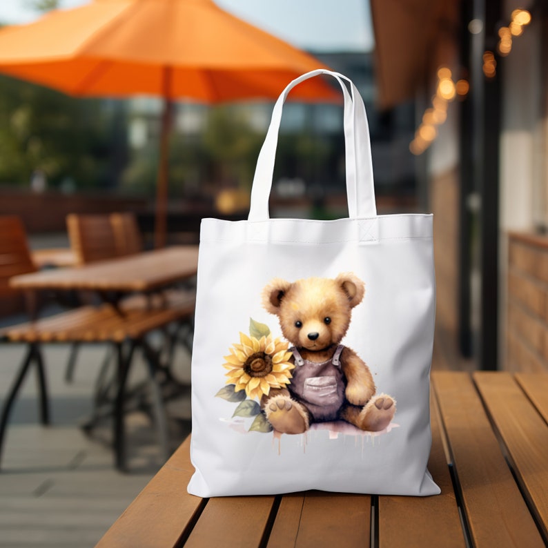 Stofftasche, Stoffbeutel, Teddy, Bär, Sonnenblume, Einkaufstasche, Tasche, Geschenk zum Geburtstag in Weiß oder Beige Bild 1