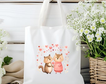 Stofftasche Stoffbeutel " Cute Couple Love " Einkaufstasche Tasche als Geschenk in Weiß oder Beige