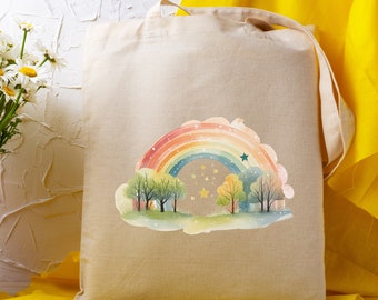 Sac en tissu, sac en tissu, sac shopping, sac, cadeau, en blanc ou beige "Rainbow"