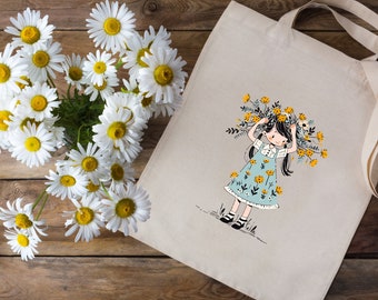 Stofftasche Stoffbeutel "  Blumenmädchen " Einkaufstasche Tasche als Geschenk in Weiß oder Beige