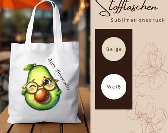 Stofftasche Stoffbeutel " Funny Avocado " Einkaufstasche z.B. als Geschenk zum Geburtstag in Weiß oder Beige