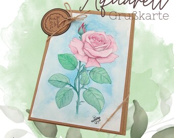 Grußkarte Glückwunschkarte mit Aquarell handbemalt " Rose Blume " für Geldgeschenke Gutscheine