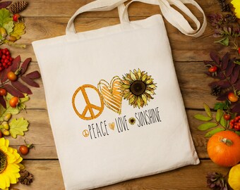 Sac en tissu, sac en tissu, sac shopping, sac, cadeau en blanc ou beige "Paix, Amour, Tournesol, Soleil"