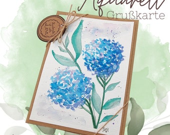Grußkarte Glückwunschkarte mit Aquarell handbemalt " Hortensie Blume " für Geldgeschenke Gutscheine