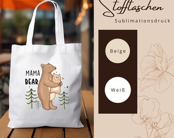 Stofftasche Stoffbeutel " Mama Bär " Einkaufstasche Geschenk zum Muttertag oder Geburtstag in Weiß oder Beige