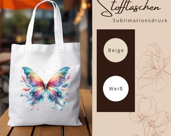 Stofftasche Stoffbeutel " Schmetterling Romantik Fantasy " Einkaufstasche Geschenk zum Muttertag oder Geburtstag in Weiß oder Beige