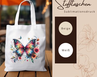 Stofftasche Stoffbeutel " Schmetterling Romantik Fantasy " Einkaufstasche Geschenk zum Muttertag oder Geburtstag in Weiß oder Beige