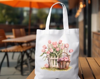 Stofftasche, Stoffbeutel, "Tulpen, Frühling", Einkaufstasche, Tasche, zum Muttertag, Geburtstag für Mama, in Weiß oder Beige