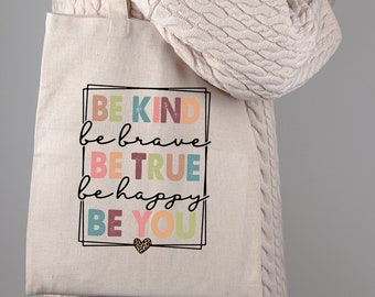 Sac en tissu, sac en tissu, sac shopping, sac, cadeau, en blanc ou beige "Be Happy, Be You"