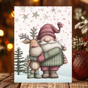Postkarte Weihnachtsmann mit Rentier Grußkarte Karte zu Weihnachten Weihnachtskarte Geschenkkarte Leinenstruktur Karte A6 #PWE181
