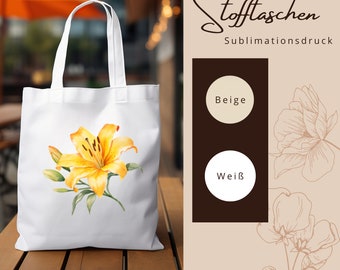 Stofftasche Stoffbeutel " Lilie Blüte Gelb " Einkaufstasche Tasche Geschenk zum Muttertag oder Geburtstag in Weiß oder Beige