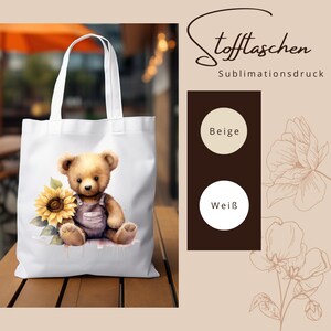 Stofftasche, Stoffbeutel, Teddy, Bär, Sonnenblume, Einkaufstasche, Tasche, Geschenk zum Geburtstag in Weiß oder Beige zdjęcie 2