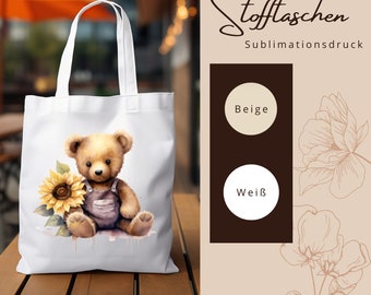 Stofftasche Stoffbeutel " Teddy Bär Sonnenblume " Einkaufstasche als Geschenk nicht nur zum Geburtstag in Weiß oder Beige