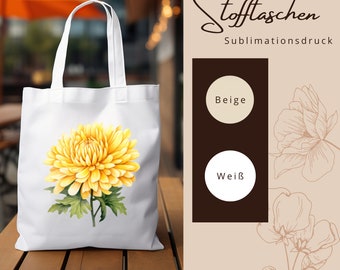 Stofftasche Stoffbeutel " Chrysantheme Blüte Gelb " Einkaufstasche Geschenk zum Muttertag oder Geburtstag in Weiß oder Beige