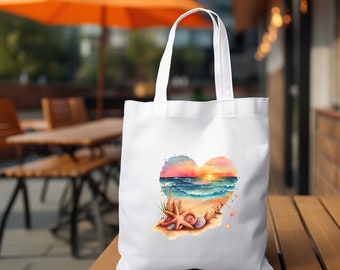 Stofftasche Stoffbeutel "  Beach Love Urlaub " Einkaufstasche Tasche als Geschenk in Weiß oder Beige