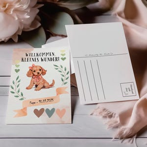 Postkarte zur Geburt personalisierbar, Karte mit Hund, Grußkarte Willkommen kleines Wunder in DIN A6 auf Papier mit Leinenstruktur #PLS