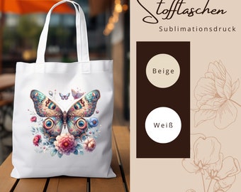 Stofftasche Stoffbeutel " Schmetterling Romantik Fantasy " Einkaufstasche Geschenk zum Muttertag oder Geburtstag in Weiß oder Beige