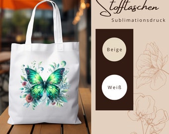 Stofftasche Stoffbeutel " Schmetterling Romantik Fantasy " Einkaufstasche Geschenk zum Muttertag oder Geburtstag in Weiß oder Beige