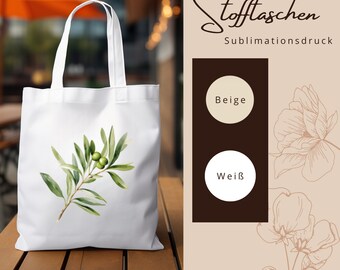 Stofftasche Stoffbeutel " Olive Olivenzweig " Einkaufstasche Tasche als Geschenk nicht nur zum Geburtstag in Weiß oder Beige