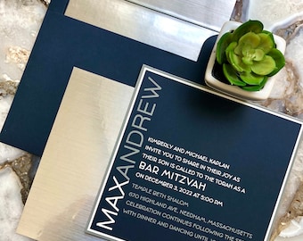 May include: A navy blue invitation card with silver trim and text. The card announces a Bar Mitzvah for Max Andrew on 3 December 2022 at 5:00 PM at Temple Beth Shalom in Needham, Massachusetts. The invitation includes the address and details about the celebration continuing with dinner and dancing until 10:30 PM. The dress code is "Fancy Schmacy Attire."