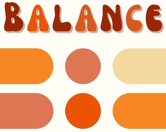 Peut inclure: Un graphique avec le mot "BALANCE" en lettres brunes avec un effet d'ombre. Sous le mot, il y a trois rangées de trois formes colorées. Les formes sont de couleur orange, pêche et crème.
