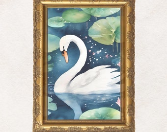 Lámina artística de cisne, arte de pared de estilo vintage (descarga digital)