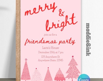Invitación alegre y brillante: invitación navideña rosa y roja, invitación de Friendsmas, invitación de fiesta de Friendsmas, fiesta alegre y brillante