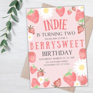Berry Sweet Birthday Invitation-Strawberry Birthday Party Invitation-Editable Strawberry Birthday Invitation-Berry Sweet One Birthday
