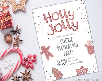 Invitación de decoración de galletas de Navidad-Invitación de fiesta de decoración de galletas-Invitación de fiesta de Navidad editable-Invitación de fiesta navideña