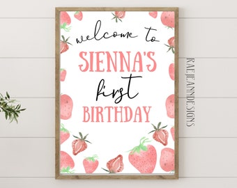 Berry First Birthday Welcome Sign-Strawberry Birthday Welcome Sign-Editable Strawberry Welcome Sign Template-Strawberry Party Decorations
