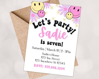 Smiley Face Birthday Invitation-Retro Smiley Face Birthday-Happy Face Birthday Invitation-Smiley Face-Smiley Daisy Birthday Invitation-Smile