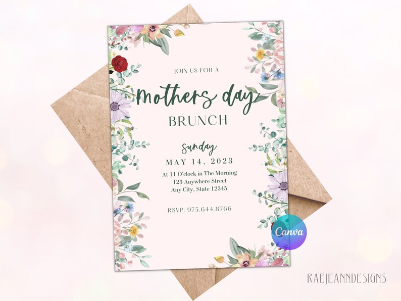 Puede incluir: Una invitaci&oacute;n a un brunch del D&iacute;a de la Madre con tem&aacute;tica floral. La invitaci&oacute;n presenta flores de acuarela en tonos rosa, morado, amarillo y verde. El texto dice "Join us for a Mother's Day Brunch, Sunday, May 14, 2023, at 11 o'clock in the morning, 123 Anywhere Street, Any City, State 12345, RSVP: 975.644.8766".