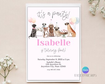 May include: A birthday party invitation with a watercolor illustration of dogs and balloons. The text reads "It's a pawty! Isabelle is turning four!" and includes details for the party, including the date, time, and location.