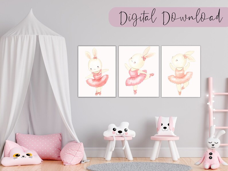 May include: Three watercolor illustrations of bunnies dressed as ballerinas in pink tutus. The bunnies are in different poses, with one bunny holding a pink flower. The illustrations are on a white background.