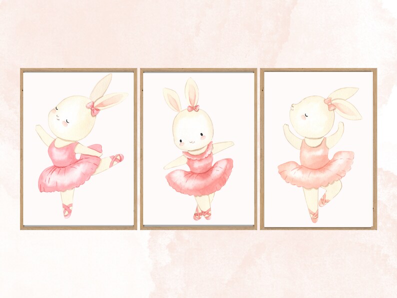 Dancing Ballerina Bunnies-Ballerina Bunny Wall Art-Baby Bunny Nursery Painting-Kid Bunny Illustration-Bunny Ballerina Prints-Pink Ballerina Bunny-Set Of 3 Ballerina Bunnies-Pink Bunny Ballerinas-Ballerina Bunny Nursery Art
