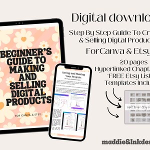 Può includere: Una guida di download digitale per creare e vendere prodotti digitali su Canva ed Etsy. La guida è lunga 20 pagine e include schede dei capitoli con collegamento ipertestuale e modelli di elenco Etsy gratuiti. La copertina presenta un design floreale rosa e bianco con il titolo "Guida per principianti per creare e vendere prodotti digitali".