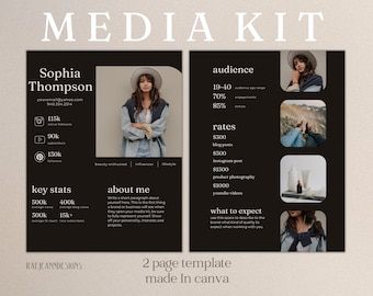 Minimalist Media Kit Template, Black Theme for Influencers (Canva, 2 Page, Digital Download)