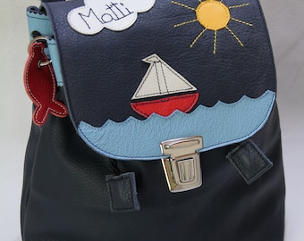 Children's Backpack Leather D.Blue* Sailboat,Sun,Cloud with Name *