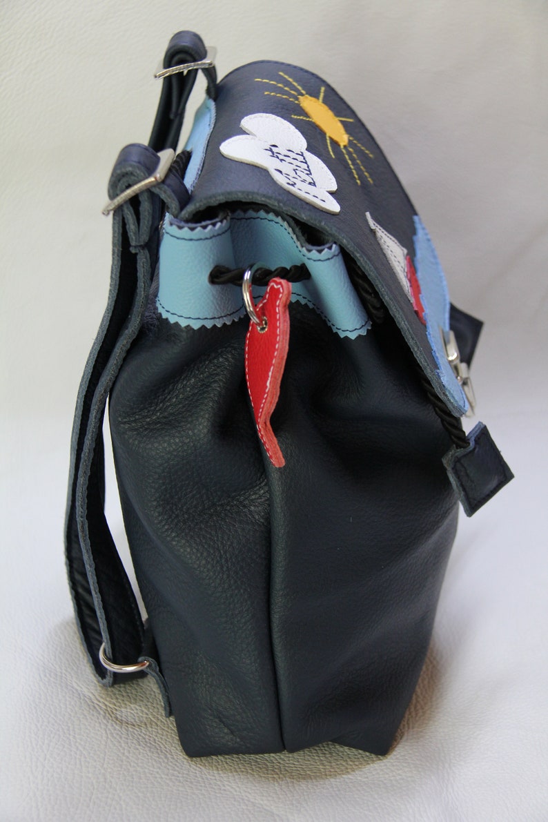 Kinderrucksack-Leder-D.Blau Segelboot,Sonne,Wolke mit Namen Bild 3